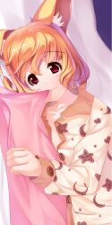  absurdres animal_ears blonde_hair buttons commentary_request female fox_ears highres looking_at_viewer lying on_side original pajamas photoshop_(medium) pillow pillow_bite red_eyes short_hair sideways smile solo unbuttoned yuuji_(yukimimi) 