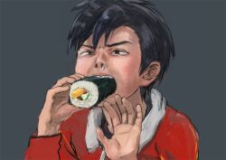  1boy black_background black_hair commentary_request crying eating ehoumaki ethan_(pokemon) food food_in_mouth full_mouth hectliter makizushi male_focus pokemon pokemon_adventures pokemon_gsc setsubun solo sushi unworn_headwear 