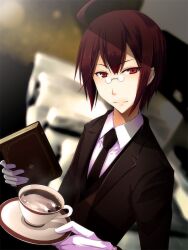  1boy book brown_hair commentary_request cup glasses gloves holding koumei_(harmonizer) looking_at_viewer male_focus necktie original photoshop_(medium) plate red_eyes solo teacup white_gloves 