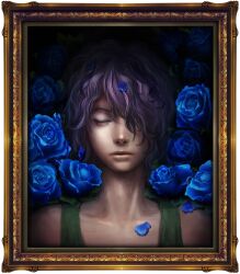  1boy absurdres bad_end bad_id bad_pixiv_id blue_flower blue_rose closed_eyes faux_traditional_media flower framed garry_(ib) hair_over_one_eye highres ib_(kouri) lips male_focus multicolored_hair petals photoshop_(medium) picture_frame portrait portrait_(object) purple_hair realistic rose rose_petals solo streaked_hair yuanmaru 