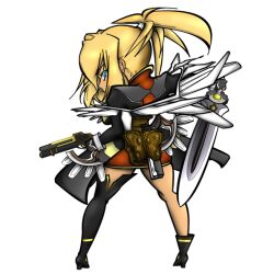  blonde_hair blue_eyes boots breasts coat female gun legretta long_hair ponytail shoes skirt sword tales_of_(series) tales_of_the_abyss thigh_boots thighhighs weapon 