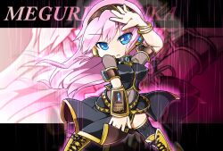  :&lt; blue_eyes boots character_name chibi commentary_request female long_hair megurine_luka memento_vivi pink_hair skirt solo thighhighs very_long_hair vocaloid zoom_layer 