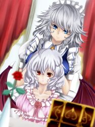  2girls absurdres bad_id bad_pixiv_id blue_eyes braid collarbone commentary_request curtains demon_wings flower frills highres izayoi_sakuya maid multiple_girls open_mouth photoshop_(medium) red_eyes remilia_scarlet revision rose short_hair short_sleeves sleepwear smile touhou twin_braids untue vase white_hair wings 