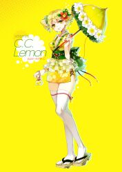  absurdres bad_id bad_pixiv_id blonde_hair breasts c.c._lemon c.c._lemon_(character) cleavage cross-laced_slit drill_hair female flower full_body geta green_eyes hair_flower hair_ornament highres japanese_clothes khj kouhaku_nawa medium_breasts obi parasol photoshop_(medium) rope sash shimenawa side_slit smile solo thighhighs twintails umbrella white_thighhighs yellow_background 