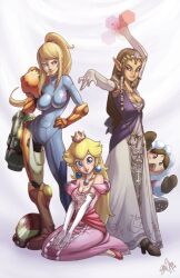  4girls artist_request blonde_hair blue_eyes breasts brown_hair cleavage crossover crown dress earrings elbow_gloves gloves ice_climbers jewelry magic mario_(series) metroid multiple_girls nintendo power_suit princess princess_peach princess_zelda samus_aran super_mario_bros. super_smash_bros. the_legend_of_zelda tiara tyson_hesse zero_suit 