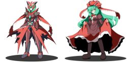  blush boots bow commentary_request dress female frills front_ponytail green_hair hair_ornament hair_ribbon hairbow kagiyama_hina kamen_rider long_hair looking_at_viewer oborotsuki_kakeru parody red_dress ribbon simple_background skirt_hold smile touhou white_background 