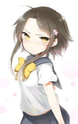  bad_id bad_pixiv_id blush brown_hair female frown hair_ornament hairclip looking_at_viewer mole school_uniform short_hair short_hair_with_long_locks sidelocks simple_background sita_vilosa solo sword_girls white_background yellow_eyes yuran 