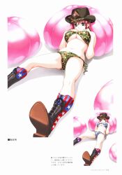  absurdres american_flag artbook bikini boin boots breast_suppress breasts camouflage camouflage_bikini cowboy_hat female flag_print green_eyes happoubi_jin hat highres iihara_nao large_breasts looking_at_viewer navel o-ring o-ring_top pink_hair print_footwear side-tie_bikini_bottom solo swimsuit 