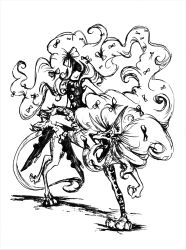  big_hair bow canine claws commentary_request female greyscale hair_over_one_eye hairbow high_heels highres lolita_majin long_hair madoka_runes mahou_shoujo_madoka_magica mahou_shoujo_madoka_magica_(anime) monochrome personification photoshop_(medium) poodle shaded_face shoes tail tongue uhrmann_(madoka_magica) very_long_hair 