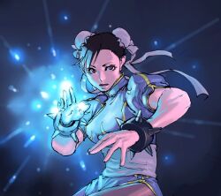  aian black_hair blue_theme bracelet chinese_clothes chun-li commentary_request double_bun female gif_artifacts glowing hair_bun jewelry open_mouth pantyhose pelvic_curtain puffy_sleeves short_sleeves solo spiked_bracelet spikes street_fighter 