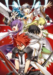  4boys 4girls :o aisha_landar armor armpits bad_id bad_pixiv_id black_hair blade_master_(elsword) choker chung_seiker clenched_teeth coat code:_empress_(elsword) detached_sleeves elemental_master_(elsword) elsword elsword_(character) eve_(elsword) grand_archer_(elsword) green_eyes green_hair helmet huge_weapon iron_paladin_(elsword) long_hair lord_knight_(elsword) multiple_boys multiple_girls ophelia_(elsword) photoshop_(medium) pointy_ears purple_eyes purple_hair raven_cronwell red_background red_eyes red_hair rena_erindel shelling_guardian_(elsword) short_hair spiked_hair sword teeth twintails umikawa_torao weapon white_hair white_sleeves yellow_choker yellow_eyes 