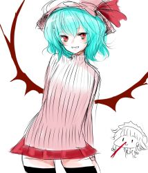  2girls bat_wings blood blue_hair commentary_request han_(jackpot) hat izayoi_sakuya maid_headdress miniskirt multiple_girls nosebleed red_eyes remilia_scarlet ribbed_sweater short_hair skirt sweater thighhighs touhou wings 