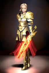  armor artoria_pendragon_(fate) bad_id bad_pixiv_id blonde_hair cape cibacibaciba3 cosplay couter cuirass ea_(fate/stay_night) fate/stay_night fate_(series) female full_body gilgamesh_(fate) gilgamesh_(fate)_(cosplay) glowing glowing_weapon gold_armor green_eyes holding holding_weapon left-handed pauldrons plate_armor realistic red_cape saber_(fate) short_hair shoulder_armor solo vambraces waist_cape weapon 