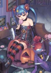  bare_shoulders blue_hair boots buckle candy candy_cane collar commentary_request dagger elbow_gloves female fingerless_gloves food food-themed_hair_ornament gloves gonster hair_ornament halloween highres holding holding_candy holding_food holding_lollipop indoors jack-o&#039;-lantern jack-o&#039;-lantern_hair_ornament knife licking lollipop long_hair miniskirt naughty_face original photoshop_(medium) pinstripe_pattern plaid plaid_skirt pumpkin pumpkin_hair_ornament red_eyes sitting skirt solo striped_clothes striped_thighhighs swirl_lollipop thighhighs thriller_(michael_jackson) twintails vertical_stripes weapon x_hair_ornament zipper 