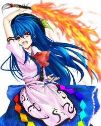  blue_hair bow cofi_(eternal) commentary_request female food frills fruit gimp_(medium) hat hinanawi_tenshi leaf long_hair long_skirt open_mouth peach short_sleeves simple_background skirt solo sword sword_of_hisou touhou very_long_hair weapon yellow_eyes 