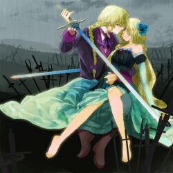  1boy ascot bad_id bad_pixiv_id bare_shoulders barefoot blind_justice blonde_hair blue_eyes blue_flower blue_rose boots braid brother_and_sister coat detached_sleeves doshira dress female flower hair_flower hair_ornament long_hair looking_at_viewer matin_catorce nox_catorce photoshop_(medium) rain rose siblings sitting sword tears twins weapon zektbach 