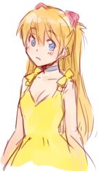  alternate_costume bad_id bad_pixiv_id bare_shoulders blue_eyes choker dress female frown ha-ru hair_ornament long_hair neon_genesis_evangelion orange_hair photoshop_(medium) solo souryuu_asuka_langley yellow_dress 