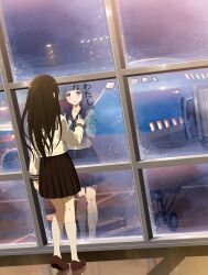  aircraft airplane airport black_hair boeing_747 chitanda_eru commentary_request condensation denhijou_niki female finger_writing glass_writing highres hyouka indoors jet_bridge kamiyama_high_school_uniform_(hyouka) long_hair looking_outside photoshop_(medium) pleated_skirt purple_eyes reflection school_uniform serafuku skirt solo standing translated window window_fog 