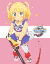  aged_down blonde_hair blood blue_eyes candy chainsaw cheerleader clothes_writing commentary_request crop_top female food josephine-843 juliet_starling lolicon lollipop lollipop_chainsaw midriff mouth_hold navel necktie photoshop_(medium) rabbit severed_head skirt sweatdrop thighhighs twintails wristband 