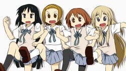  4girls akiyama_mio black_eyes black_hair blonde_hair blue_eyes brown_eyes brown_hair commentary english_commentary hime_cut hirasawa_yui hyadain_no_joujou_yuujou k-on! kotobuki_tsumugi long_hair md5_mismatch multiple_girls myuto_(advent_retribution) nichijou pantyhose parody photoshop_(medium) resolution_mismatch ribbon sakuragaoka_high_school_uniform school_uniform simple_background style_parody tainaka_ritsu thick_eyebrows white_background 