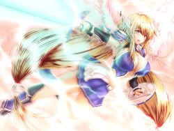  armor armpits astraea_(sora_no_otoshimono) breasts cleavage commentary_request female highres huge_breasts long_hair low-tied_long_hair open_mouth peroshiti_aniki photoshop_(medium) red_eyes shield solo sora_no_otoshimono sword very_long_hair weapon white_wings wings 