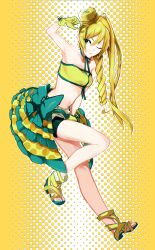  armpits bandeau bike_shorts blonde_hair bottle_cap braid c.c._lemon c.c._lemon_(character) choker commentary_request female gloves green_eyes highres legs midriff one_eye_closed rinnkai sandals side_braid skirt smirk strapless tube_top 