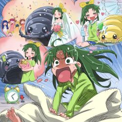  5girls =_= ahoge alarm_clock aoki_reika arrow_(symbol) barefoot blush bouquet bridal_veil bug camera candy_(smile_precure!) clock commentary_request dreaming dress flower green_hair green_shirt hino_akane_(smile_precure!) hoshizora_miyuki isedaichi_ken midorikawa_nao multiple_girls nightmare open_mouth pajamas pillbug ponytail precure shirt smile_precure tears veil wedding_dress yayoi_kise 