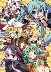  1boy 6+girls ahoge aqua_eyes aqua_hair blonde_hair commentary_request gloves goggles goggles_on_head green_eyes green_hair gumi gumi_(v3_megpoid) hair_ornament hair_ribbon hairclip hatsune_miku hood hoodie ia_(vocaloid) kagamine_len kagamine_rin long_hair multiple_girls necktie negi_(ulog&#039;be) oerba_yun_fang one_eye_closed open_mouth purple_hair red_eyes red_hair ribbon sf-a2_miki short_hair twintails v very_long_hair vocaloid voiceroid white_hair yuzuki_yukari 