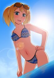  :d bad_id bad_pixiv_id bikini blonde_hair blue_bikini blue_eyes breasts commentary_request eyewear_on_head female hand_on_own_hip hayashi_custom lens_flare medium_breasts navel open_mouth original photoshop_(medium) senjugiku_tabane short_twintails smile solo sunglasses swimsuit twintails water 