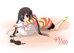  bad_id bad_pixiv_id bike_shorts black_hair brown_eyes feline female hood hoodie k-on! kurou_(quadruple_zero) long_hair lying nakano_azusa on_stomach painttool_sai_(medium) pillow socks solo striped_clothes striped_sweater sweater twintails yellow_socks 