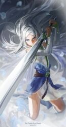  blue_eyes commentary_request detached_sleeves elf female highres jane_mere long_hair petals photoshop_(medium) pixiv_fantasia pixiv_fantasia_sword_regalia pointy_ears solo sword very_long_hair weapon white_hair 