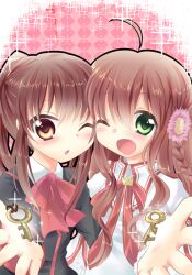  2girls bow brown_eyes brown_hair commentary_request company_connection crossover green_eyes kanbe_kotori kazamatsuri_institute_high_school_uniform key key_(company) kuriyuzu_kuryuu little_busters! little_busters!_school_uniform long_hair multiple_girls natsume_rin one_eye_closed pink_bow ponytail rewrite school_uniform 