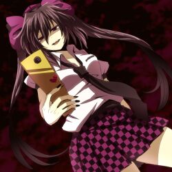  akasata bad_id bad_pixiv_id blouse bow cellphone checkered_clothes checkered_skirt dutch_angle empty_eyes female hat hata-tan_(rui_(hershe)) heart himekaidou_hatate long_hair necktie phone purple_eyes shirt skirt solo tokin_hat touhou twintails 