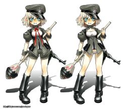  ascot blonde_hair blue_eyes blush boots cameltoe cat_shi commentary_request explosive female grin gun hat holding military military_uniform mp40 necktie open_mouth original panties panzerfaust peaked_cap photoshop_(medium) shorts smile submachine_gun swastika underwear uniform weapon white_panties 