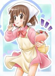  acchi_kocchi apron blush bow brown_eyes brown_hair commentary_request crepe female food fruit haruno_hime head_scarf photoshop_(medium) shinozuki_takumi short_hair skirt solo strawberry 