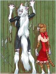  3:4 5_fingers animal_arms animal_ears animal_humanoid animal_legs animal_tail backless_dress bow_(feature) bow_ribbon cat_humanoid clawing_wall claws clothed clothing digitigrade domestic_cat dress duo felid felid_humanoid feline feline_humanoid felis female fingers fur hair humanoid humanoid_face isaki larger_male long_hair long_tail male mammal mammal_humanoid neck_accessory orange_body orange_fur partial_fur pawpads pink_pawpads red_clothing red_dress scratching scratching_wall size_difference smaller_female striped_body striped_fur stripes tail torn_clothing whiskers white_body white_fur 