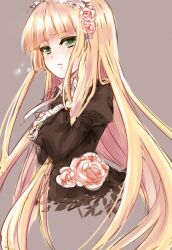  akano_sakura blonde_hair blunt_bangs commentary female flower gosick green_eyes grey_background hairband long_hair parted_lips rose simple_background solo tears victorica_de_blois 