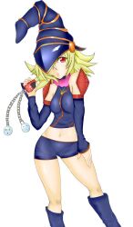  alternate_costume bare_shoulders blonde_hair chains detached_sleeves detatched_sleeves duel_monster erect_nipples gagaga_girl hat midriff navel red_eyes shorts yu-gi-oh! 