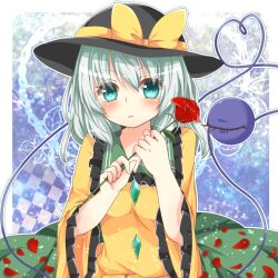  blush commentary_request eyeball female flower green_eyes green_hair hair_ribbon hat heart heart_of_string komeiji_koishi petals red_flower red_rose ribbon rose short_hair skirt solo sun_hat third_eye touhou yuria_(kittyluv) 