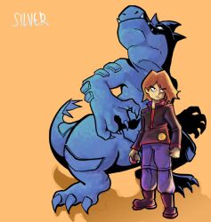  1boy brown_hair feraligatr holding holding_poke_ball jonathan_kim male_focus poke_ball poke_ball_(basic) pokemon pokemon_(creature) pokemon_gsc silver_(pokemon) simple_background 