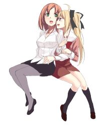  2girls blonde_hair blue_eyes blush brown_hair commentary_request green_eyes highres houraisen_runa kirisato_itsuki multiple_girls pantyhose pencil_skirt school_uniform serafuku skirt sono_hanabira_ni_kuchizuke_wo st._michael&#039;s_school_uniform suminoe_takako twintails yuri 