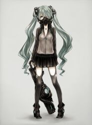  commentary_request female green_eyes green_hair hair_over_one_eye hatsune_miku highres kaname_(cherry0732) long_hair respirator simple_background skirt solo thighhighs twintails very_long_hair vocaloid 