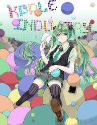  ahoge ball commentary_request envelope female green_eyes green_hair hatsune_miku highres long_hair necktie painttool_sai_(medium) retsuna shorts solo striped_clothes striped_thighhighs thighhighs twintails vertical-striped_clothes vertical-striped_thighhighs very_long_hair vocaloid 