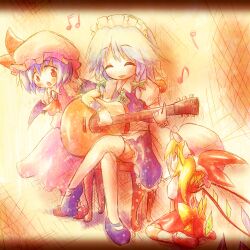  3girls :o ^_^ acoustic_guitar ascot ayakashi_(monkeypanch) bad_id bad_pixiv_id bat_wings blonde_hair blue_hair braid chair closed_eyes flandre_scarlet guitar hat instrument izayoi_sakuya mary_janes multiple_girls music musical_note open_mouth playing_instrument red_eyes remilia_scarlet shoes short_hair side_ponytail sitting skirt smile touhou twin_braids wariza wings wrist_cuffs 