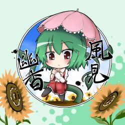  :&lt; blush character_name commentary_request dekasudachin female flower green_hair kazami_yuuka plaid plaid_vest plant red_eyes short_hair skirt solo sunflower touhou umbrella vest vines 