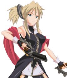  armpits bare_shoulder bare_shoulders blonde_hair blue_eyes coat female fingerless_gloves gloves gun legretta long_hair ponytail scarf skirt tales_of_(series) tales_of_the_abyss weapon 