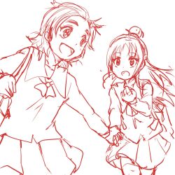  2girls azuma_yukihiko bad_id bad_pixiv_id commentary_request futari_wa_precure_splash_star half_updo holding_hands hyuuga_saki long_hair mishou_mai monochrome multiple_girls precure school_uniform short_hair smile very_short_hair yuunagi_middle_school_uniform 