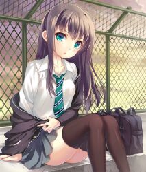  :o aqua_eyes bag black_thighhighs blush brown_hair cardigan chain-link_fence clothes_down commentary_request dress_shirt female fence idolmaster idolmaster_cinderella_girls long_hair looking_at_viewer momoko_(momopoco) necktie open_mouth school_uniform shibuya_rin shirt skirt solo thighhighs white_shirt 