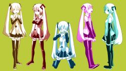  bare_shoulders boots collared_shirt commentary_request detached_sleeves expressions female fushigi_no_kohanasaichi_(vocaloid) hatsune_miku headgear highres kneeling long_hair long_sleeves multiple_views pinocchio-p shirt skirt sleeveless sleeveless_shirt standing thigh_boots thighhighs twintails very_long_hair vocaloid zettai_ryouiki 