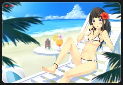  :o anklet ball barefoot beach beachball bikini black_hair blush breasts chair chitanda_eru cleavage commentary_request day drink female flower hair_flower hair_ornament hibiscus hyouka jewelry long_hair lounge_chair md5_mismatch medium_breasts navel outdoors purple_eyes resolution_mismatch shiny_skin solo source_larger strap_gap strap_lift swimsuit tropical_drink underboob viewfinder yuragi_(amriel) 